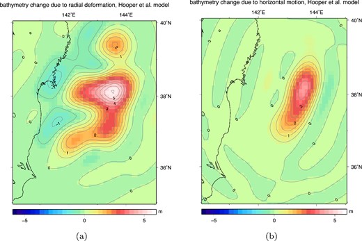 Modelled bathymetry changes at lmax = 450 according to the Hooper et al. (2013) slip model, due to: (a) radial deformation; (b) horizontal deformation.