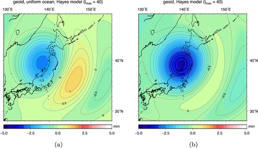 Comparison between models assuming (a) a uniform ocean and no contributions of horizontal motion and (b) the full model including a realistic ocean and contributions of horizontal motion. Here coseismic geoid height changes, truncated at lmax = 40, are based on the Hayes (2011) slip model.