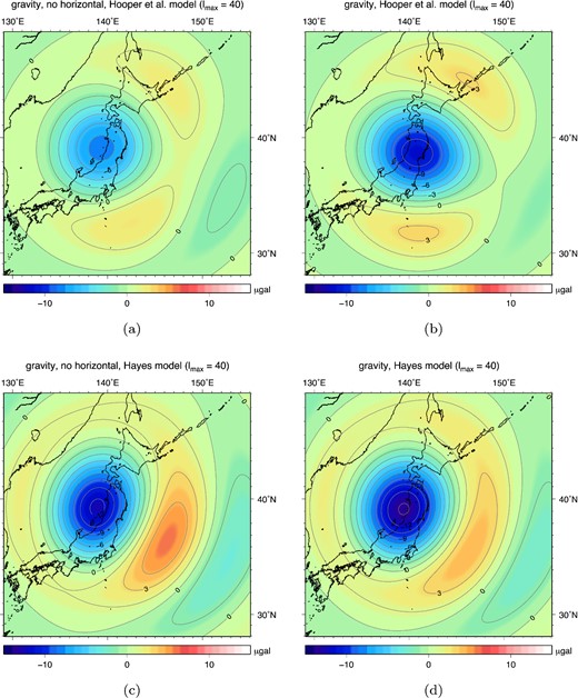 Coseismic gravity anomalies predicted by the Hayes (2011) and Hooper et al. (2013) slip models, truncated at lmax = 40. Panels on the left side show results without taking into account horizontal ocean floor displacement and subsequent bathymetry change. Panels on the right side do include bathymetry changes resulting from horizontal displacement.