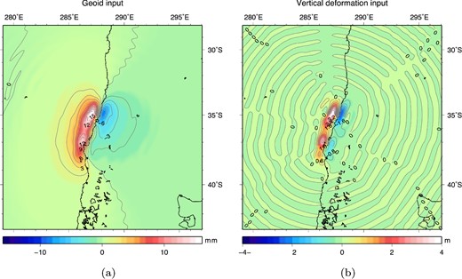 Input for the sea level equation: (a) initial coseismic geoid anomaly, (b) initial coseismic vertical deformation, both determined using the solid earth model.