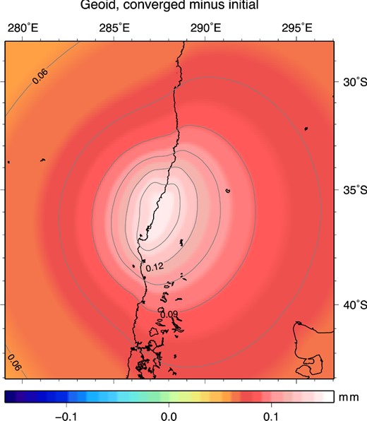 Converged coseismic geoid anomaly minus initial geoid anomaly for the 2010 Maule earthquake, indicating the contribution of self-gravitation of water, conservation of water mass and the deformation of the ocean floor due to changed surface loading. Maximum spherical harmonic degree is 450 and a realistic ocean is taken into account.