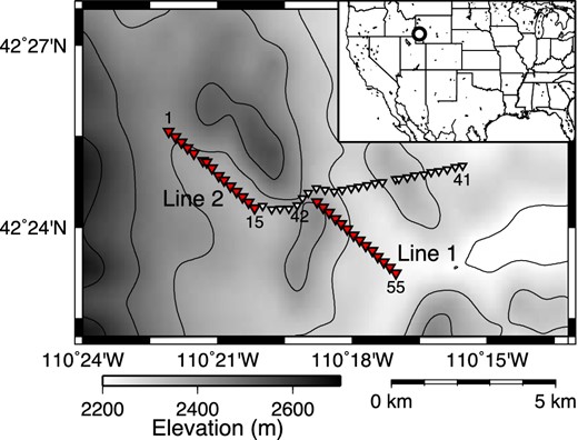 Geometry of receivers (triangles). We use receivers shown by red triangles for this study. Survey lines 1 and 2 contain receivers 1–15 and 42–55, respectively. The circle on the inset shows the location of the magnified area. The grey scale illustrates topography.