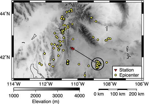 Geometry of earthquakes (yellow dots) and receivers (red triangles). We use an earthquake cluster (embraced by black circle) for the interferometry study. Triangles indicate the locations of receivers No. 1 and 55. The black line illustrates the great circle between the centre of the earthquake cluster and receiver No. 55. The grey scale illustrates topography.