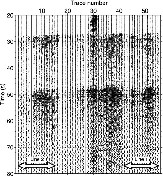 Example of observed records from an earthquake in the north–south horizontal component after applying a bandpass filter, 0.4–0.5–7–9 Hz. Time 0 s is the origin time of the earthquake. Trace numbers correspond with the receiver numbers in Fig. 2. The white arrows show the receivers used for survey lines 1 and 2.