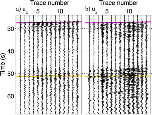 Space-interpolated observed record in (a) vertical and (b) radial components in line 1 (after rotating the horizontal components into the radial direction) from the same earthquake used in Fig. 4. Trace number is assigned after the space interpolation, and traces 1–14 correspond to receivers 42–55 in Fig. 4. We apply the same bandpass filter used in Fig. 4 to waveforms in all panels. The pink and yellow lines indicate the picked arrival times for the largest energy of direct P and S waves, respectively. Amplitudes are normalized individually at each panel.