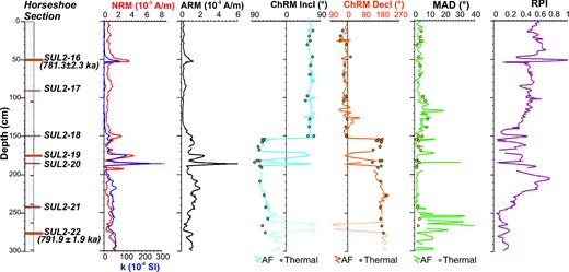 Stratigraphic variation of the rock magnetic and palaeomagnetic parameters measured in the Horseshoe section. Samples below 250 cm are characterized by poorly defined ChRM directions.