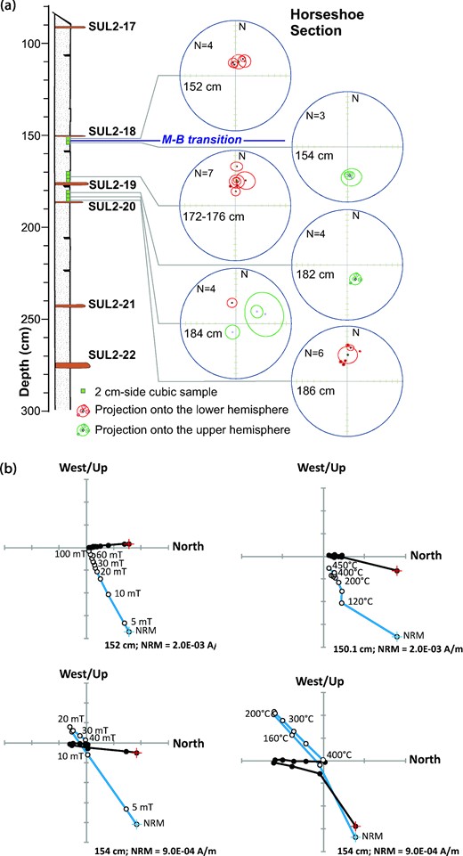 (a) Equal-area projections of the ChRM directions, and related α95 confidence cones, for selected samples from critical stratigraphic intervals of the Horseshoe section. (b) Representative orthogonal demagnetization vector diagrams for samples collected across the M-B transition. Black (white) circles indicate projection on the horizontal (vertical) plane. The natural remanent magnetization (NRM) projections are marked by a cross-superimposed on the circles. The numbers close to the symbols for the vertical plane projections indicate the level of stepwise demagnetization. Diagrams refer both to AF (left-hand panel) and thermal (right-hand panel) stepwise demagnetization treatments.