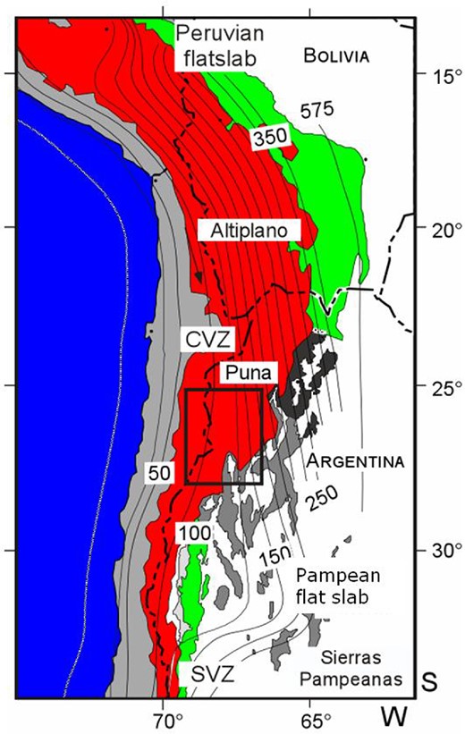 Andean Orogeny and region of study—Southern Puna Plateau, shown in the black rectangle. From west to east: Pacific ocean (blue), region below 3 km elevation including the coastal area (light grey), Altiplano-Puna plateau (red), thin-skinned thrust belts (green), thick-skinned deformation regions in Santa Barbara (black) and Sierras Pampeanas (grey). The central and southern volcanic zones (CVZ and SVZ) are also shown. The thin black curves represent the slab depth contours in km (Cahill & Isacks 1992) and show the northward transition from shallow subduction to normal subduction.