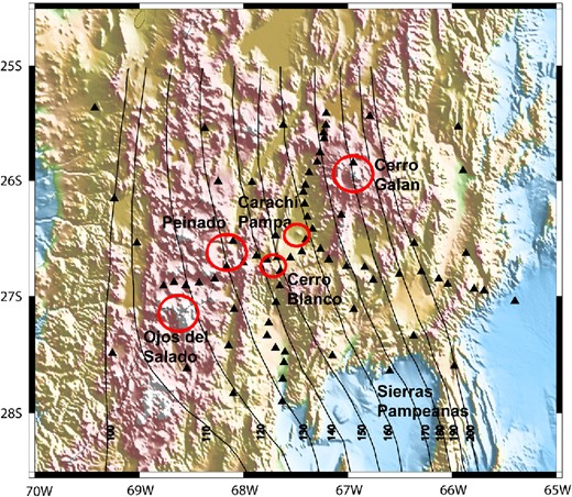 Seismic station distribution (black triangles) along the Southern Puna Plateau. Cerro Galan, Ojos del Salado, Cerro Blanco, Carachi Pampa and Peinado volcanic centres are shown in red circles. Sierras Pampeanas flat subduction region is located southeast of the region of study. The slab contours from 100 to 200 km depth in 10 km intervals are also shown (Mulcahy et al.2014)