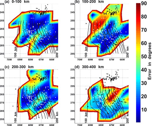 Difference between checkerboard a-axis azimuths and inverted azimuths using synthetic shear waves and the real seismic station and earthquake distribution for depth ranges of (a) 0–100 km, (b) 100–200 km, (c) 200–300 km and (d) 300–400 km. The seismic stations are shown as black triangles, local events as black dots and pseudo teleseismic epicentres as white dots. The slab contours (Mulcahy et al.2014) for depths 100–200 km in intervals of 10 km are shown as black solid lines.