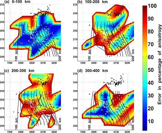 Difference between checkerboard strength of anisotropy values and inverted strength of anisotropy values using synthetic shear waves and the real seismic station and earthquake distribution for depth ranges of (a) 0–100 km, (b) 100–200 km, (c) 200–300 km and (d) 300–400 km. The seismic stations are shown as black triangles, local events as black dots and pseudo teleseismic epicentres as white dots. The slab contours (Mulcahy et al.2014) for depths 100–200 km in intervals of 10 km are shown as black solid lines.