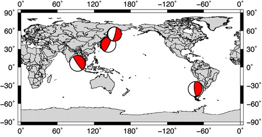 Locations of four recent large earthquakes used in this study, along with their CMT-based seismic source mechanism solutions.