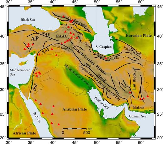 A topographic map superimposed with the major tectonic features of the Middle East. The major faults are depicted with black solid lines. The red triangles present the location of quaternary volcanoes. The dashed thin lines indicate the political boundaries. The main continental boundary fault zones and tectonic units are abbreviated on the map and described here: AP, Anatolian Plateau; EAAC, East Anatolian Accretionary Complex; NAF, Northern Anatolian Fault; EAF, Eastern Anatolian Fault; DSF, Dead Sea Fault; MZRF, Main Zagros Reverse Fault; MRF, Main Recent Fault.