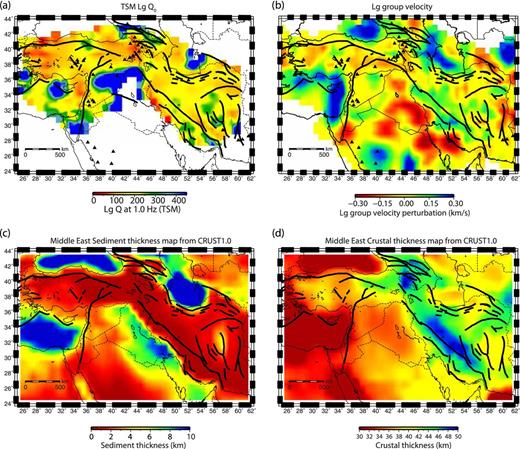 Comparison of the TSM Lg Q0 (QLg) and Lg group velocity (VLg) models with the maps of the sediment and crustal thickness in the Middle-East. (a) TSM Lg Q0 tomographic map, (b) Lg group velocity map, (c) a map showing the variation of the thickness of the sedimentary basins in the Middle-East as drawn from the global model CRUST1.0 and (d) a map showing the variations in the crustal thickness in the Middle-East as drawn from the global model CRUST1.0.