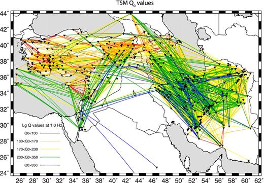Map of the Two-station (TSM) ray paths colour-coded according to their respective Lg Q0 (at 1 Hz) values. The location of stations used in this study is also shown with inverted black triangles on the map.