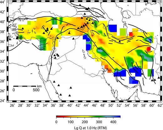 Reverse Two-station/event (RTM) Lg Q0 tomographic map. Blue indicates areas of high Q0 (low attenuation) and red indicates areas of low Q0 (high attenuation). The description of the tectonic features is as stated in Fig. 1.