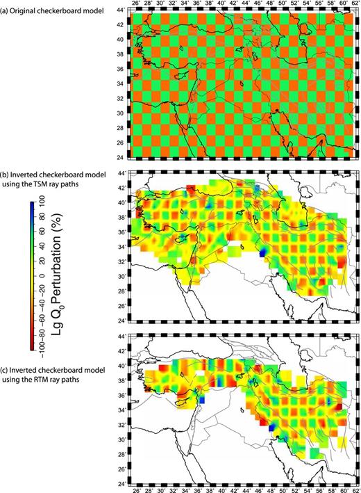 Maps showing the results of the checkerboard resolution tests for the TSM and RTM Lg Q0 tomographic models.