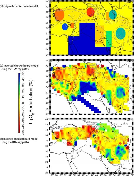 Maps showing the results of the resolution test for the TSM and RTM Lg Q0 tomographic models using a model with hypothetical anomalies.