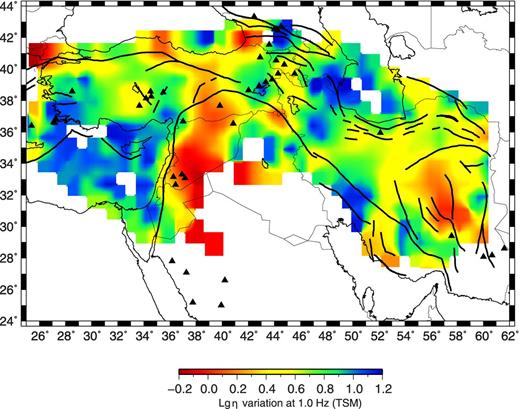 Tomographic map of the frequency-dependence (η) of Two-station (TSM) Lg Q measurements. Blue indicates areas of high frequency-dependence and red indicates areas of low frequency-dependence. The description of the tectonic features is as stated in Fig. 1.