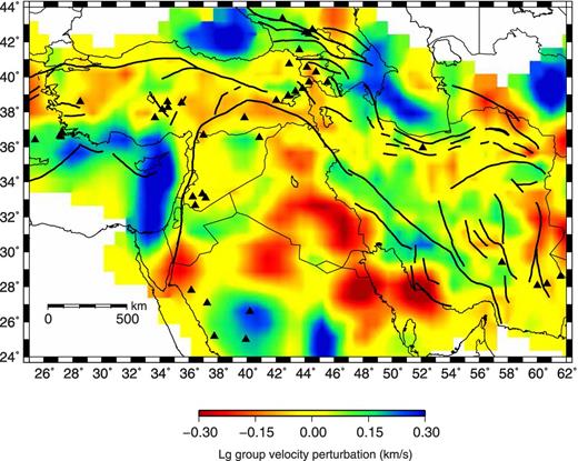 Tomographic map representing the Lg group velocity structure. Blue indicates areas of high Lg velocity anomaly and red indicates areas of low Lg velocity anomaly. The description of the tectonic features is as stated in Fig. 1.