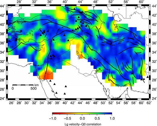 Map showing the correlation between Lg Q0 and Lg group velocity models.