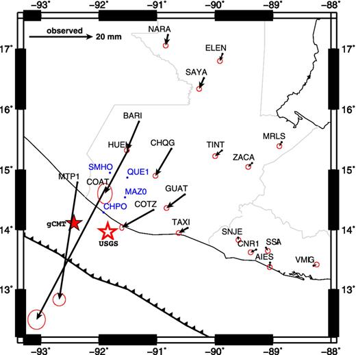 Observed horizontal GPS site offsets and 1-D, 1-σ uncertainties for the 2012 Champerico earthquake. Sites with blue labels but no offsets were installed after the earthquake for monitoring postseismic deformation.