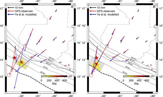 Comparison of our measured GPS offsets (red arrows) and those predicted by Ye et al.'s (2013) coseismic slip solution (blue arrows). (a) Subfaults and slip solution from Ye et al. (2013) in their original location. (b) Fit of seismic slip solution when centroid is translated 51 km west of its initial position in (a).