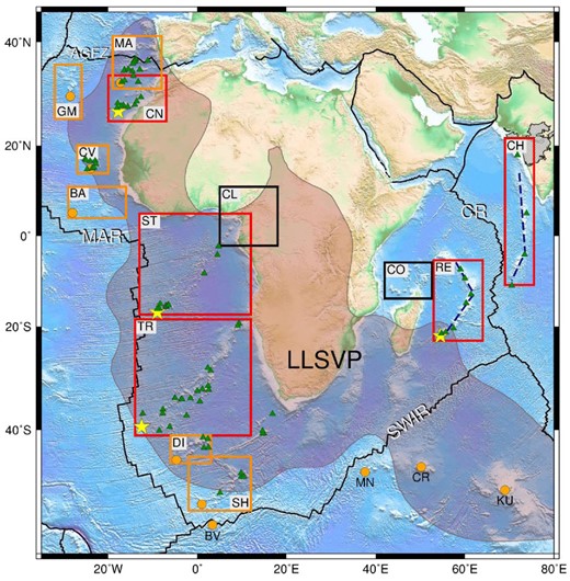 Hotspot chains on the Africa Plate. Yellow stars represent hotspots used to constrain our models; other hotspots are shown as orange circles. Abbreviations for chains are listed in Table 1. Green triangles are locations of dated seamounts. Labelled rectangles indicate the seafloor areas affected by the respective hotspots. Africa divergent plate boundaries are the Mid-Atlantic Ridge (MAR) between Africa and the Americas, Carlsberg Ridge (CR) denoting the India Plate boundary, the Southwest Indian Ridge (SWIR) defining the Antarctic Plate boundary, and the Azores-Gibraltar Fracture Zone (AGFZ) between Africa and Eurasia. The Shaka Ridge (SR), Bouvet (BV), Marion (MN), Crozet (CR) and Kerguelen (KU) hotspots are also labelled. Hachured area denotes the Deccan Traps, and red-grey area describes the large low shear wave velocity province (LLSVP, Torsvik et al.2014). Dashed lines identify the chron 21 bends in the Chagos-Laccadive and Réunion chains; see text for discussion.