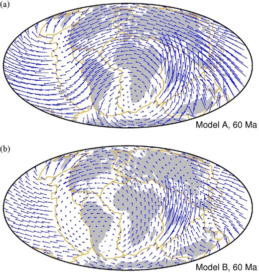 Global APM velocities at 60 Ma predicted for APM models when combined with the global relative plate motion model of Seton et al. (2012). (a) Model A (Mascarene fit) predicts a pivoting of Africa about a rotation pole in south Africa, implying fast velocities along its northern border that are not supported by local tectonics. (b) Model B (Chagos fit) reduces the pivoting by virtue of an equatorial rotation pole off the Africa Plate (see Fig. 9), producing lower APM velocities for other plates (and hence net lithospheric rotation overall). For APM velocities at different times, see Supplementary Materials.