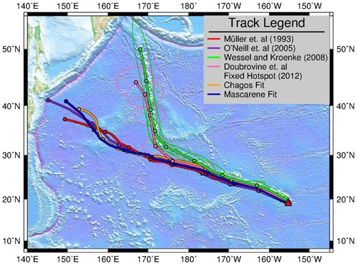 Trail predictions for the Hawaii-Emperor chain from Pacific and Africa-based APM models. Circles are placed every 10 Myr. Neither our model A nor B predictions, after projection via the Africa–East Antarctica–West Antarctica–Pacific Plate circuit, show any indication of a chron 21 bend.