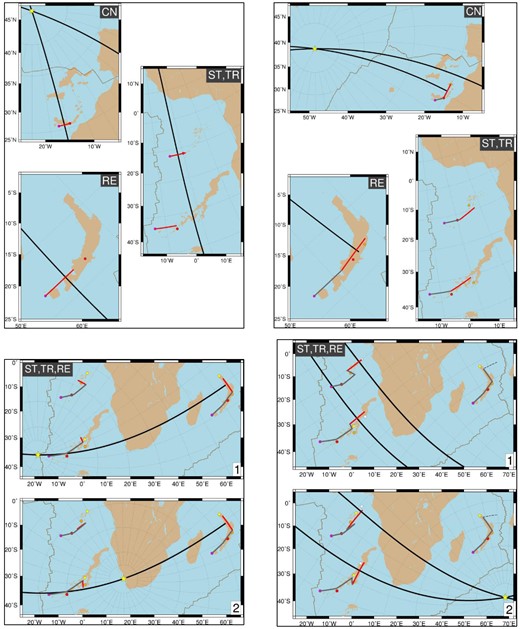 Preliminary 4-stage sketch model A for Africa APM. Solid black lines are bisectors between for key stages of each trail. The resulting stage trail segment is shown as a red line, while previous stages are drawn in grey. Oblique gridlines about the Euler pole (yellow star marking bisector intersection) are shown as dotted lines. (a) Stage A model for Canary, Réunion, Tristan and St. Helena, using bisectors between hotspot location and a tentative ∼20 Ma point. (b) Stage B model for Canary, Réunion, and Tristan and St. Helena determining the bisectors between a ∼20 Ma and a ∼50 Ma point (orange circle) on the Réunion hotspot track. (c) Stage C model for the Tristan chain. The bisector is for the segment between a ∼50 Ma point (orange circle) and a ∼67 Ma point (yellow circle) on the speculative Mascarene Plateau of the Réunion hotspot track. A single-stage rotation pole was assumed to be located somewhere along its bisector. If a rotation pole (yellow star) is selected to the west of the Tristan chain no reversal occurs along the hotspot track (1), but if a pole between Tristan and Africa was chosen the trail would experience a reversal along the Tristan chain (2). (d) Stage D model for Tristan, Réunion and St. Helena chains, with a reversal (1) and without a reversal (2) inherited from stage C. The bisectors are for the segment between a ∼67 Ma point (yellow circle) and an ∼80 Ma point (white circle) on each of the Tristan and St. Helena chains.