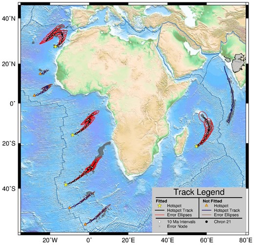 Africa APM model A (Mascarene Plateau fit). Solid line shows model trail predictions, with white circles every 10 Myr. Select error ellipses (red) are shown for readability. Hachured area denotes the Deccan Traps. See legend for more details. See Supporting Information for the complete listing of model parameters.