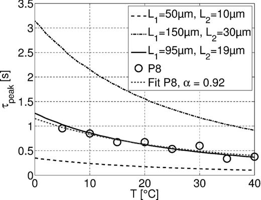 Modeled characteristic times of three different combinations of pore lengths L1 and L2 compared to the characteristic times of sample P8, fitted with ατ = 0.92. The pore radii are r1 = 0.2 and r2 = 0.02 μm.