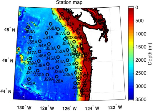 CI OBS stations map (March 2012). Colour represents seafloor depth. The three black contours are the coastline, the 200-m depth contour, and the 2000-m depth contour, from the thickest to the thinnest lines, respectively. Stations J06A, G30A and G03A are out of the plot region and are not shown in the map.
