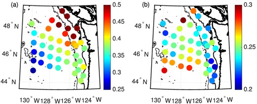 The energy ratio of the 5 per cent strongest spectral estimates to the total energy of March 2012. Frequency bands: (a) 0.115–0.145 Hz, (b) 0.2–0.3 Hz. The energy of each segment is represented by the mean of the squared record. The three black contours are coastlines, and the 200-m and 2000-m depth contours, thickest to the thinnest, respectively.