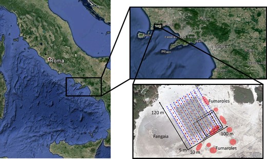 Satellite image of the Campi Flegrei region and zoom-in on the investigated area during the RICEN experiment, showing geometrical distribution of the sources (red circles) and receivers (blue triangles). The dimension of the subgrid used for the analysis is represented with the solid black square and the shifted overlapping subgrids are indicated with the dashed squares. The area for which the S-wave model is obtained is represented by the shaded grey box. In figure, Fangaia indicated the region at the boundary of the investigated area, where the water outcrops at the surface and the red points the fumaroles where high temperature is recorded.