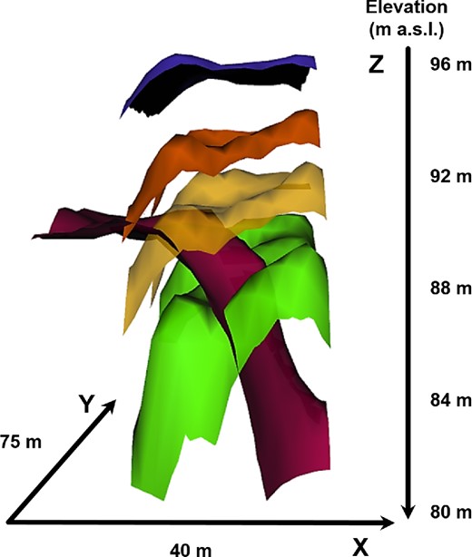 Representation of the isovelocity surfaces for velocities of 100 m s−1 (blue), 150 m s−1 (orange), 200 m s−1 (yellow) and 300 m s−1 (green). Purple surface, isoresistivity at 8.5 Ω⋅m. The same low-order spatial filter was applied to smooth the short-scale spatial heterogeneities (see Fig. 9) and to reveal any global trend of the shear velocity and resistivity gradients. This figure has the same orientation of Fig. 9.