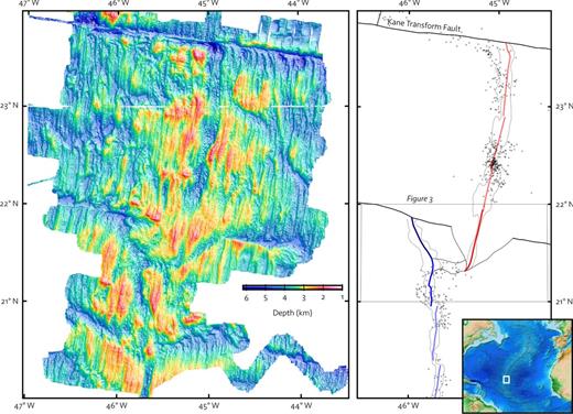 Location map showing regional bathymetry (left) and an outline of the rift geometry (right) with features related to the TAMMAR propagating segment highlighted (refer to cartoon in Fig. 1). The box indicates the coverage of the detailed map in Fig. 3. Also on the right is seismicity (circles) from Smith et al. (2003) with only those events with picks on at least five stations shown. The inset map (bottom right) gives an overview of the study location in the North Atlantic Ocean.