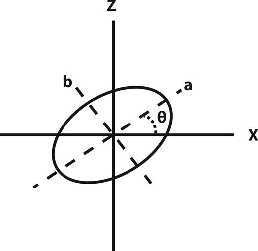 Electric field polarization ellipse for the degenerate in-line case of this paper. The semi-major axis a and the semi-minor axis b are shown by dashed lines. The strike θ is the angle between the x-axis and the semi-major axis.