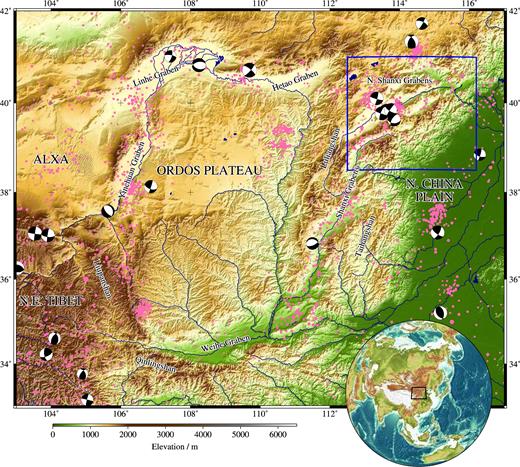 SRTM topography (Farr et al. 2007) of the Ordos Plateau in northeastern China. Focal mechanisms from the Global CMT catalogue (Ekström et al. 2012) are shown for recent earthquakes with magnitudes greater than Mw 5.0. Earthquakes of Mw 2.0–5.0 from the ISC catalogue (Storchak et al. 2013) are shown as pink dots. Rivers are indicated in dark blue and inset globe shows the location of Fig. 1 within Asia. The blue polygon indicates the region shown in Fig. 2.