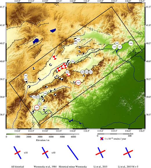SRTM topography (30 m resolution) of the northern Shanxi Grabens (Farr et al. 2007). Faults, marked as thin black lines, have been mapped from satellite imagery (source: http://earth.google.com) based upon earlier fault maps from Tapponnier & Molnar (1977), Xu & Ma (1992), Yu (2004) and Deng et al. (2007). The black rectangle indicates the approximately 164 km × 390 km region included in the Kostrov volume. Historical earthquakes occurring in the volume are shown as white circles scaled according to their magnitude and including the year in which they occurred (Lee et al. 1976; Liu et al. 2011)—see Table 2 for details. The two earthquakes ringed in red are the ones used by Wesnousky et al. (1984) in their Kostrov summation. Focal mechanisms are from Li et al. (2015a); mechanisms for earthquakes with M > 5 are shown in red. Strain rate crosses below the map show the results of Kostrov summations for (from left to right): all of the historical earthquakes with known focal parameters; the two earthquakes used by Wesnousky et al. (1984); all of the historical earthquakes with known focal parameters except the two used by Wesnousky et al. (1984); all of the mechanisms from Li et al. (2015a); and all of the mechanisms with M > 5 from Li et al. (2015a). Note that the first two strain rate crosses are displayed at one tenth of their real size. See Table 4 for further details.