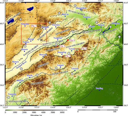 SRTM topography (30 m resolution) of the northern Shanxi Grabens (Farr et al. 2007). Faults, marked as thin black lines, have been mapped from satellite imagery (source: http://earth.google.com) based upon earlier fault maps from Tapponnier & Molnar (1977), Xu & Ma (1992) and Yu (2004). Cities are marked by blue squares and black stars show the positions of volcanic cones. Red outlines indicate the locations of later figures. Faults are numbered as follows: 1 Yunzhongshan Fault, 2 Wutaishan Fault, 3 Hengshan Fault, 4 Kouquan-Emokou Fault, 5 Laiyuan Graben Fault, 6 Lingqiu Graben Fault, 7 Yuguang Graben Fault, 8 Liulengshan Fault, 9 Yangyuan Graben Fault, 10 Yanggao-Tianzhen Graben Fault, 11 Nankou Fault, 12 Yanqing Fault, 13 Huailai Fault, 14 Huai’an Graben Fault, 15 Zhangjiakou-Bohai Fault, 16 Daihai Graben Faults (see also Table 3).