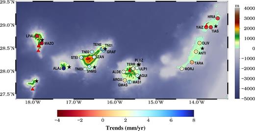 GPS trends (circles) and site locations for GPS and tide gauges (stars) in the Canaries archipelago. Also shown the locations of active central volcanoes (triangles).