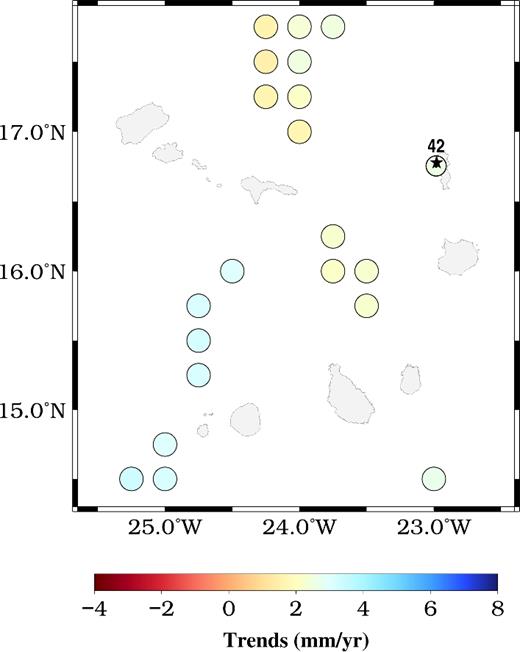SA trends and tide gauge corrected for GPS-derived vertical land motion for the archipelago of Cape Verde. Otherwise, as in Fig. 14.