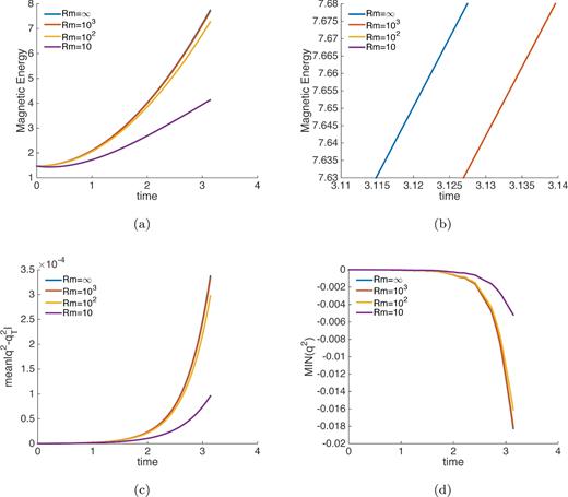 Comparison between different kinematic numerical solutions for the L2N0 model in the presence of damping. Different values of Rm are considered, Rm = ∞ corresponding to case with no damping. (a) Magnetic energy (48). (b) Zoom in of magnetic energy towards the end of the computational interval. (c) Averaged difference between the numerically calculated q2 and the analytical solution $q_T^2$, according to eq. (50). (d) Minimum value of q2.