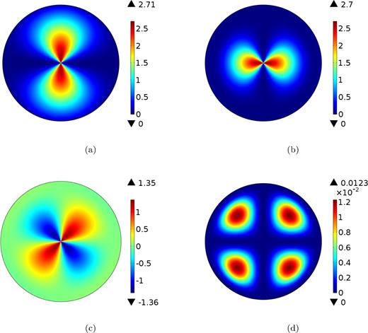 Initial conditions for (in order from panels a to d) a, b, c and q2 calculated from the initial magnetic field of Fig. 2. Maximum and minimum values are shown at the top and at the bottom of the colour scale for each quantity.