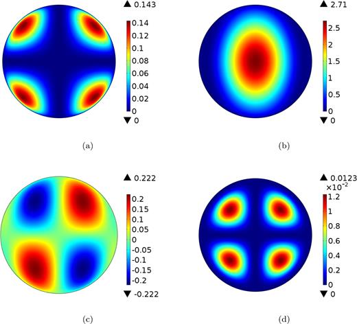 Initial conditions for (in order from panels a to d) A, B, C and q2 calculated from the initial magnetic field of Fig. 2. Maximum and minimum values are shown at the top and at the bottom of the colour scale for each quantity.