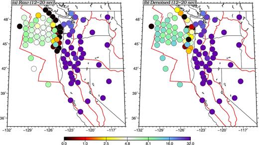 Comparison of the averaged downweighted SNRs between ‘raw’ ambient noise cross-correlations which have not been corrected for tilt or compliance noise and ‘denoised’ cross-correlations which have been corrected. The colour plotted at each station location indicates the DSNR averaged between 12 and 20 s period among all paths involving this station.