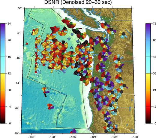 Fan diagrams at all stations between 20–30 s period. Oceanic and continental stations are plotted on different colour scales as indicated by the colour bars on the left (ocean) and right (continent). Station symbols indicate the origin of the stations from different institutions as explained by Fig. 1.