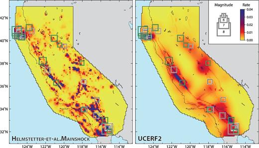 Five-year seismicity forecasts for the Helmstetter-et-al.Mainshock and UCERF2 forecasts. Purple and dark red regions have elevated seismicity rates, whereas seismicity is lower within yellow areas. Seismicity rates are considered time-invariant, that is, they are not updated as new earthquake data become available and the same forecasts are used for both five-year experiments. Black and green squares indicate the locations of observed earthquakes occurring during the five-year retrospective and prospective experiments, respectively.